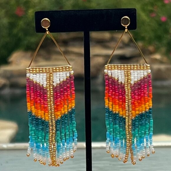 Handmade Beaded Egyptian Long Fringe Dangle Drop Lightweight Post Earrings - Picture 8 of 10